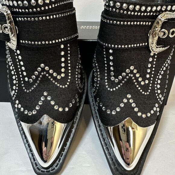 CAPE ROBBIN Women's Black Viv Rhinestone Denim Buckle Pointed-Toe Heels SZ 8 - Picture 3 of 16
